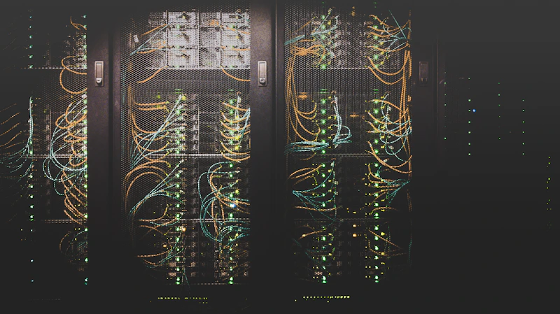 Servidores de data center alinhados, com luzes indicadoras